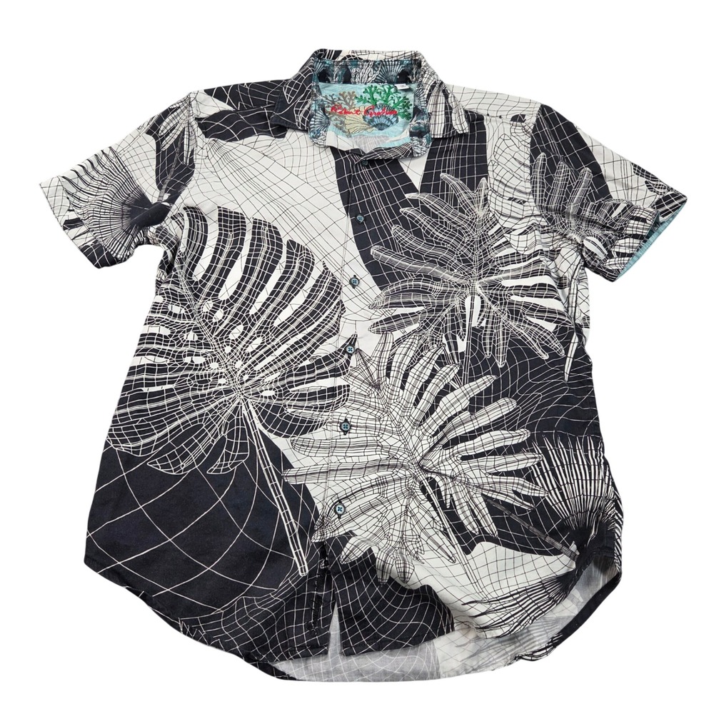 Robert Graham Shirt Mens Medium Black White Classic Fit Tropical Short Sleeve